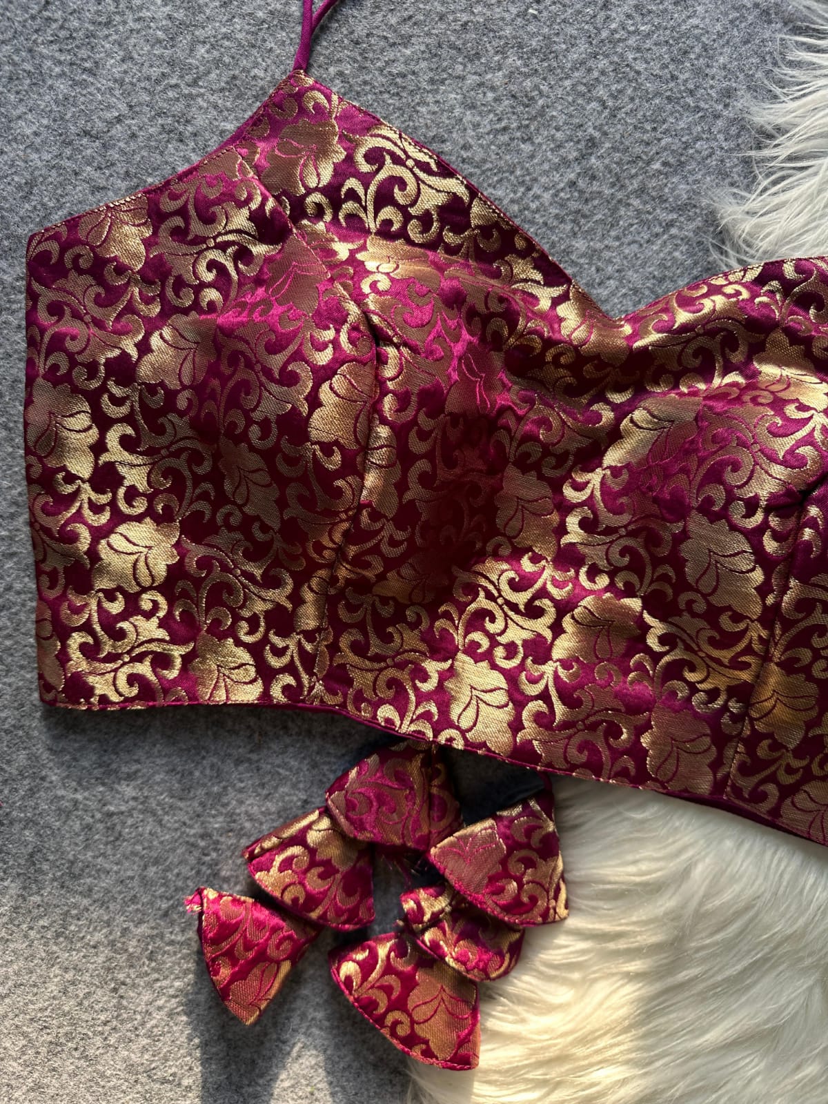 Pure Jacquard Silk Partywear Blouse-Sleeve less-Wine